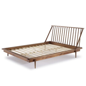 Mid-Century Modern Solid Wood Queen Platform Bed Frame with Spindle Headboard - Caramel