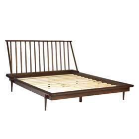 Mid-Century Modern Solid Wood Queen Platform Bed Frame with Spindle Headboard - Walnut