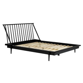 Mid-Century Modern Solid Wood Queen Platform Bed Frame with Spindle Headboard - Black