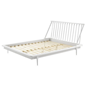 Mid-Century Modern Solid Wood Queen Platform Bed Frame with Spindle Headboard - White