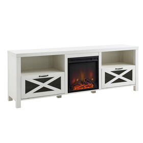 Industrial Farmhouse Metal Mesh Drop-Down X-Door 70" Fireplace TV Stand for 80" TVs - Brushed White