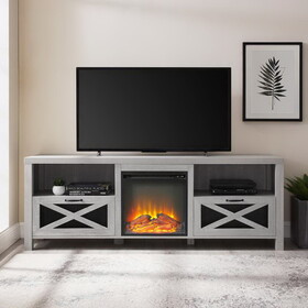 Industrial Farmhouse Metal Mesh Drop-Down X-Door 70" Fireplace TV Stand for 80" TVs - Stone Grey B185P169443