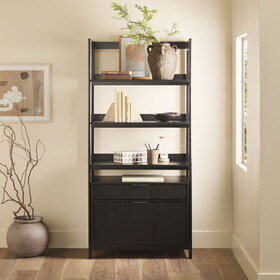 Transitional Wide Reeded Bookshelf with Drawers on Bottom - Black B185P200187