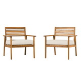 Modern 2-Piece Slat-Back Solid Acacia Wood Patio Club Chair Set - Brown