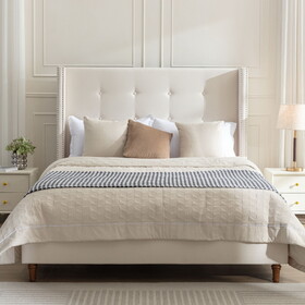 Peyton Upholstered Queen Bed / 54" High Headboard / Traditional Hand Buttoned Tufting / Nailhead Trim Wingback / No Box Spring Needed / Easy assembly / Ivory Velvet B191P215042