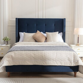 Peyton Upholstered Queen Bed / 54" High Headboard / Traditional Hand Buttoned Tufting / Nailhead Trim Wingback / No Box Spring Needed / Easy assembly / Blue Velvet B191P215046