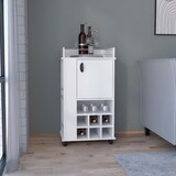 White 4-wheel bar cart cabinet for kitchen or living room, with 6 built-in bottle racks, 1 interior shelve, 2 side shelves, 1 space with wood door to store glasses, cups, coffee or snacks. B200120589