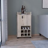 Light gray 4-wheel bar cart cabinet for kitchen or living room, with 6 built-in bottle racks, 1 interior shelve, 2 side shelves, 1 space with wood door to store glasses, cups, coffee or snacks.