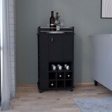 Black 4-wheel bar cart cabinet for kitchen or living room, with 6 built-in bottle racks, 1 interior shelve, 2 side shelves, 1 space with wood door to store glasses, cups, coffee or snacks. B200120591