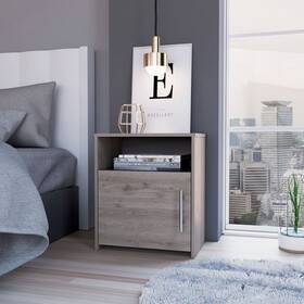 Modern and easy-to- install Light Gray bedside Nightstand with 1 door and 1 metal handle for open the storage and 1 shelf. B200120602