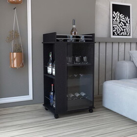 Black kitchen cabinet, bar cart with wheels, glass door, 3 internal shelves and 2 side shelves, space to store coffee and snacks. B200120617