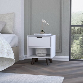 Modern Nightstand 19"H with Spacious Drawer, Open Storage Shelf and Chic Wooden Legs, White B200132941