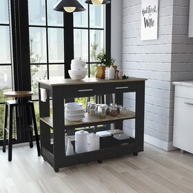 Kitchen Island 36" H, Six Casters, Two Drawers, Two Open Storage Shelves, Towel Hanger, Black / Light Oak B200132961