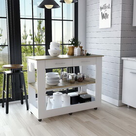 Kitchen Island 36" H, Six Casters, Two Drawers, Two Open Storage Shelves, Towel Hanger, White/Light Oak B200132962