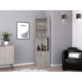 71" H light gray corner bar cabinet, with two shelves at the top, 1 glass holder, 8 exterior bottle racks, 1 central shelf and a lower drawer with 2 side doors B200132991