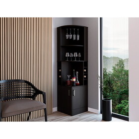 71" H black corner bar cabinet, with two shelves at the top, 1 glass holder, 8 exterior bottle racks, 1 central shelf and a lower drawer with 2 side doors B200132993