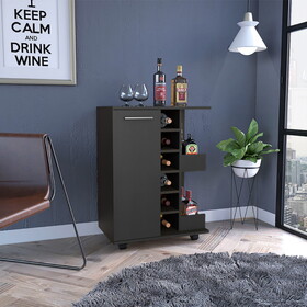 32" H black bar-coffee cart, cabinet storage, with 4 wheels, 1 divided storage with 1 shelf, 1 folding door, a central vertical division for 6 bottles and 2 side shelves with aluminum front