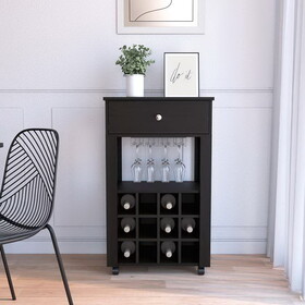 39" H black bar- coffee cart, Kitchen or living room cabinet storage, with 12 bottle racks, a central shelf with 1 Cup holders, 1 drawer ideal for storing small things B200133083