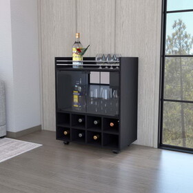 32" H black bar- coffee cart, Kitchen or living room cabinet storage with 4 wheels, with 8 bottle racks, a central shelf covered by 1 galss door, ideal for storing glasses and snacks B200133140