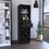 32" H black bar-coffee cart, kitchen or living room cabinet storage, with 4 wheels, folding surface, 2 central drawers covered by folding doors, ideal for storing glasses, and snacks. B200133220