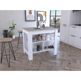 Cala Kitchen Island, Four Legs, Three Shelves -White / Ibiza Marble B20092009