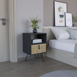 Huna Nightstand, Stylish Storage with Hairpin Leg, Open Shelf and Drawer B200P173218