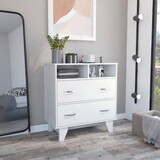 Portanova Two Drawer Dresser, Two Open Shelves, Superior Top, Four Legs -White