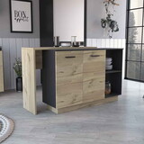 Sicilia Kitchen Island, Two External Shelves, Double Door Cabinets, Three Shelves -Black / Light Oak B200S00074