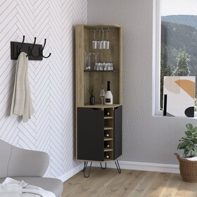 Audra Corner Bar Cabinet Six Built-in Wine Rack, Two Shelves, Four Shelves with Door Macadamia / Black B200S00403