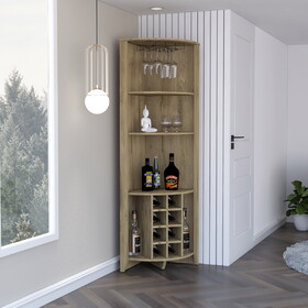 Essential Corner Bar Cabinet, Three Shelves, Eight Built-in Wine Rack, Two Side Shelves Macadamia B200S00404