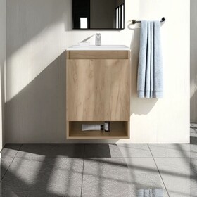 Nissi Floating, Wall-Mounted Vanity Bathroom Vanity with One Door Cabinet and Resin Sink Compact, Natural Oak B200S00448