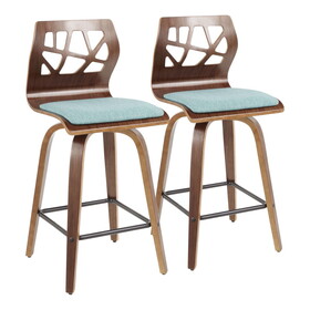 Folia Mid-Century Modern Counter Stool in Walnut Wood and Teal Fabric by LumiSource - Set of 2 B202P221892