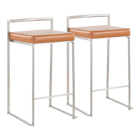 Fuji Contemporary Stackable Counter Stool in Stainless Steel with Camel Faux Leather Cushion by LumiSource - Set of 2 B202P221925