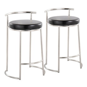 Round Fuji 26" Contemporary Fixed-Height Counter Stool in Stainless Steel and Black Faux Leather by LumiSource - Set of 2 B202P222107