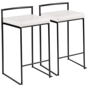 Fuji Contemporary Stackable Counter Stool in Black with White Faux Leather Cushion by LumiSource - Set of 2 B202P222379