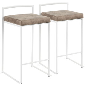 Fuji Contemporary Stackable Counter Stool in White with Brown Cowboy Fabric Cushion by LumiSource - Set of 2 B202P222382