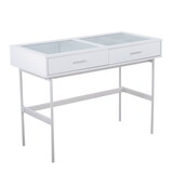 Emery Contemporary Console Table in White Wood, White Steel, and Glass Top by LumiSource B202P223381