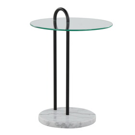 Claire Contemporary/Glam Side Table in White Marble and Black Metal with Clear Glass Table Top by LumiSource B202P223385