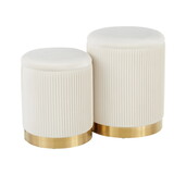 Marla Contemporary Nesting Pleated Ottoman Set in Gold Metal and Cream Velvet by LumiSource B202P223734