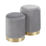 Marla Contemporary Nesting Pleated Ottoman Set in Gold Metal and Grey Velvet by LumiSource B202P223735