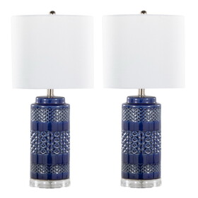 Casa 21" Contemporary Ceramic Table Lamp in Glossy Navy Crackle Ceramic, Polished Nickel, Clear Acrylic Accents and White Linen Shade from Grandview Gallery by LumiSource - Set of 2 B202P224016