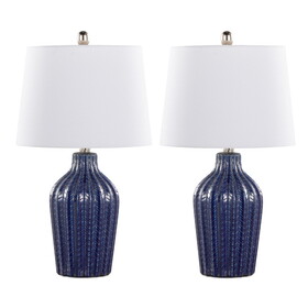 Rockwell 23" Contemporary Ceramic Table Lamp in Dark Blue Ceramic, Polished Nickel and White Linen Shade from Grandview Gallery by LumiSource - Set of 2 B202P224022