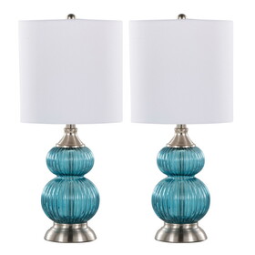 Belle 20" Contemporary Glass Accent Lamp in Clear Sapphire Blue Seeded Glass, Brushed Nickel and White Linen Shade from Grandview Gallery by LumiSource - Set of 2 B202P224026