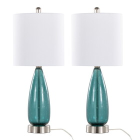 Bottega 22" Contemporary Glass Table Lamp in Sapphire Blue Seeded Glass, Brushed Nickel and White Linen Shade from Grandview Gallery by LumiSource - Set of 2 B202P224031