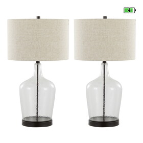 Botella 28" Contemporary Glass Table Lamp in Clear Dimpled Glass and Oil Bronze Metal with Natural Linen Shade and Built-in USB Port from Grandview Gallery by LumiSource - Set of 2 B202P224039