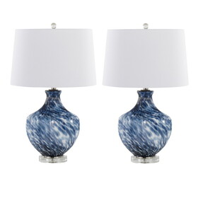 Lotus 27" Contemporary Glass Table Lamp in Waved True Navy and Gold Glass, Polished Nickel and Clear K9 Crystal with White Linen Shade from Grandview Gallery by LumiSource - Set of 2 B202P224040