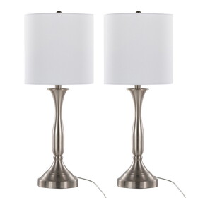 Sawyer 25" Contemporary Metal Table Lamp in Brushed Nickel with White Linen Shade and Built-in USB Port from Grandview Gallery by LumiSource - Set of 2 B202P224080