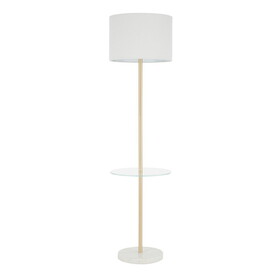 Chloe Contemporary Shelf Floor Lamp in White Marble Base, Clear Glass Shelf and White Linen Shade by LumiSource B202P224171