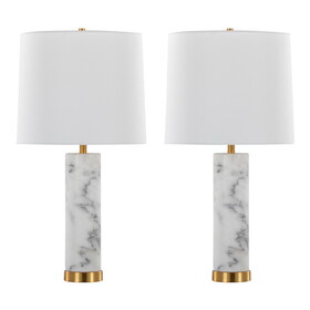 Marabella 26" Contemporary Marble Table Lamp in White Marble and Brass Metal with White Linen Shade by LumiSource - Set of 2 B202P224184