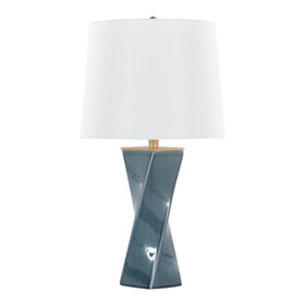 Curvo Square Contemporary 27" Ceramic Table Lamp in Blue Ceramic, Gold Metal, and White Linen by LumiSource B202P224192